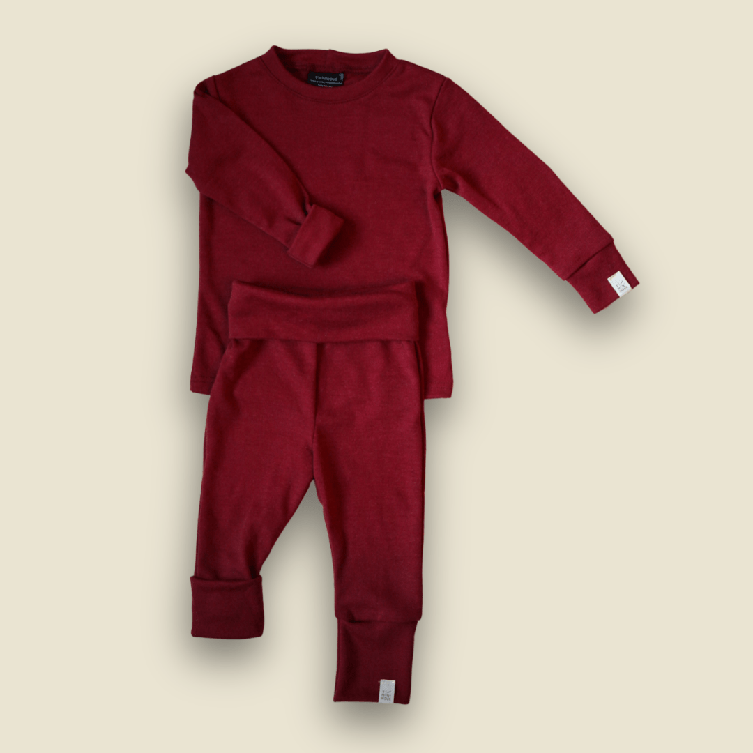 Ensemble thermique évolutif à col rond en laine de mérinos - Rubis - 5-7 T