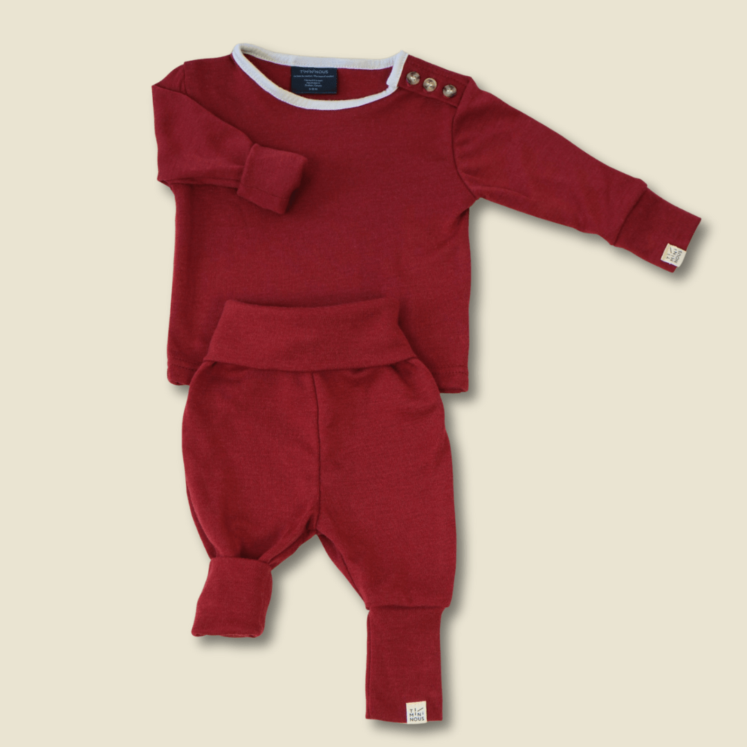 Ensemble thermique évolutif en laine de mérinos avec col contrasté - Rubis