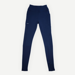 Vue avant du legging en laine mérinos Périple pour femme, couleur marine, avec poches latérales.